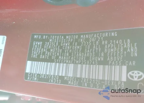 2021 Toyota Corolla Le из США, поврежденный, VIN 5YFEPMAE7MP259745